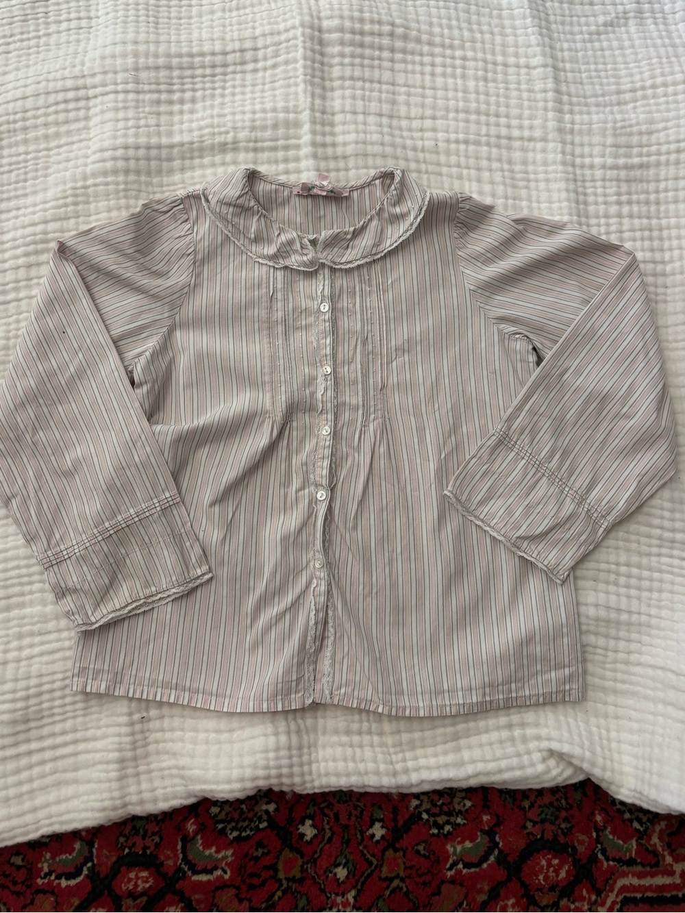 Bonpoint girls pink pinstripe button up long sleeve blouse top with lace size 6